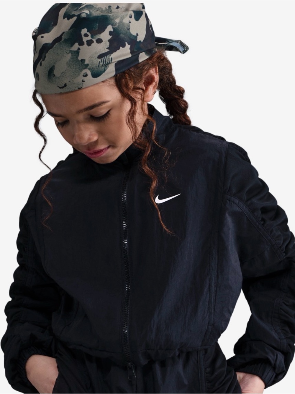 NWT Nike NSW Dance Woven Jacket girls cropped ruched black L large fits women S